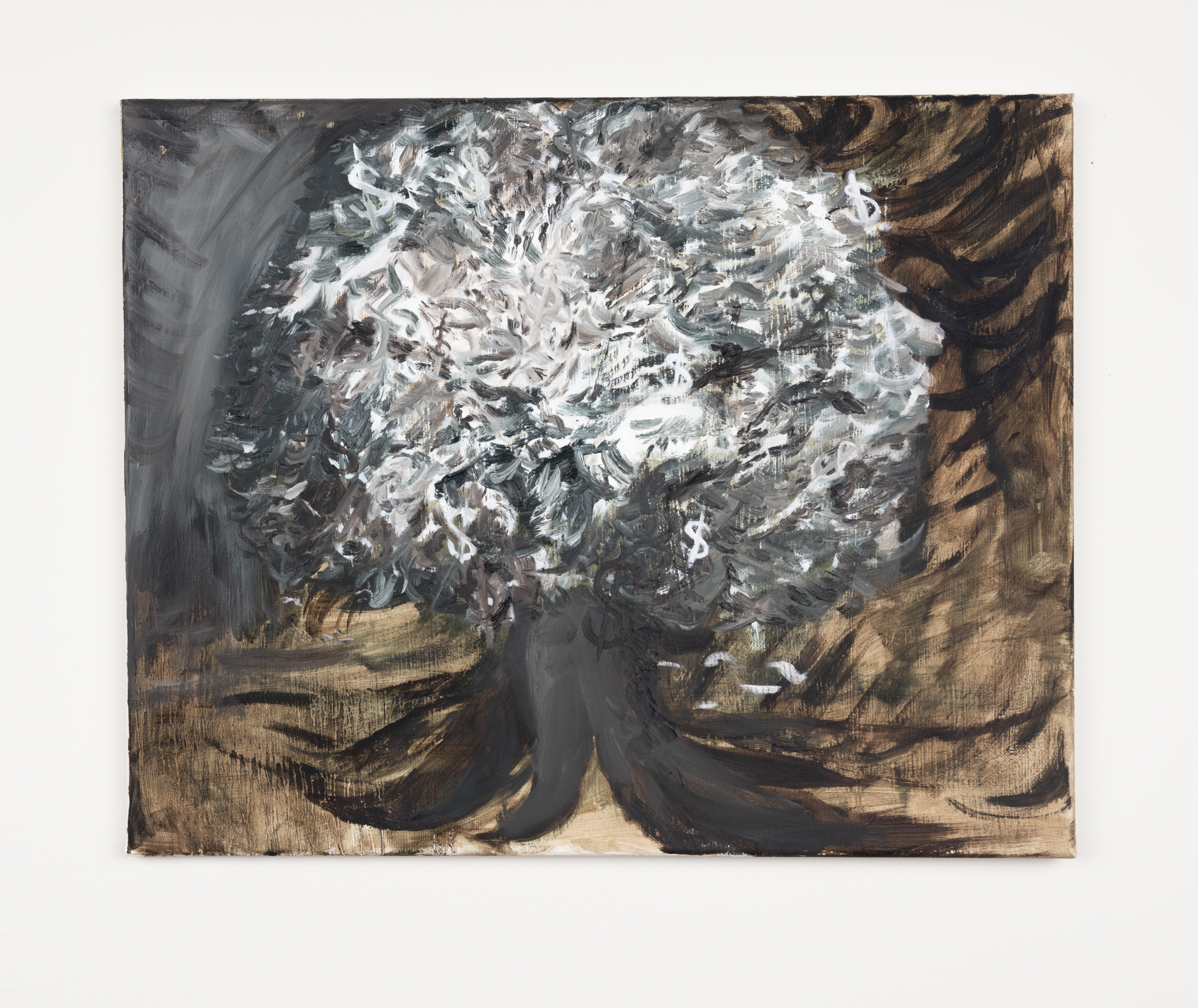 Tree painted in White dark blue green and brown with intermingled dollar signs floating inside the foliage of the tree on a brown background
