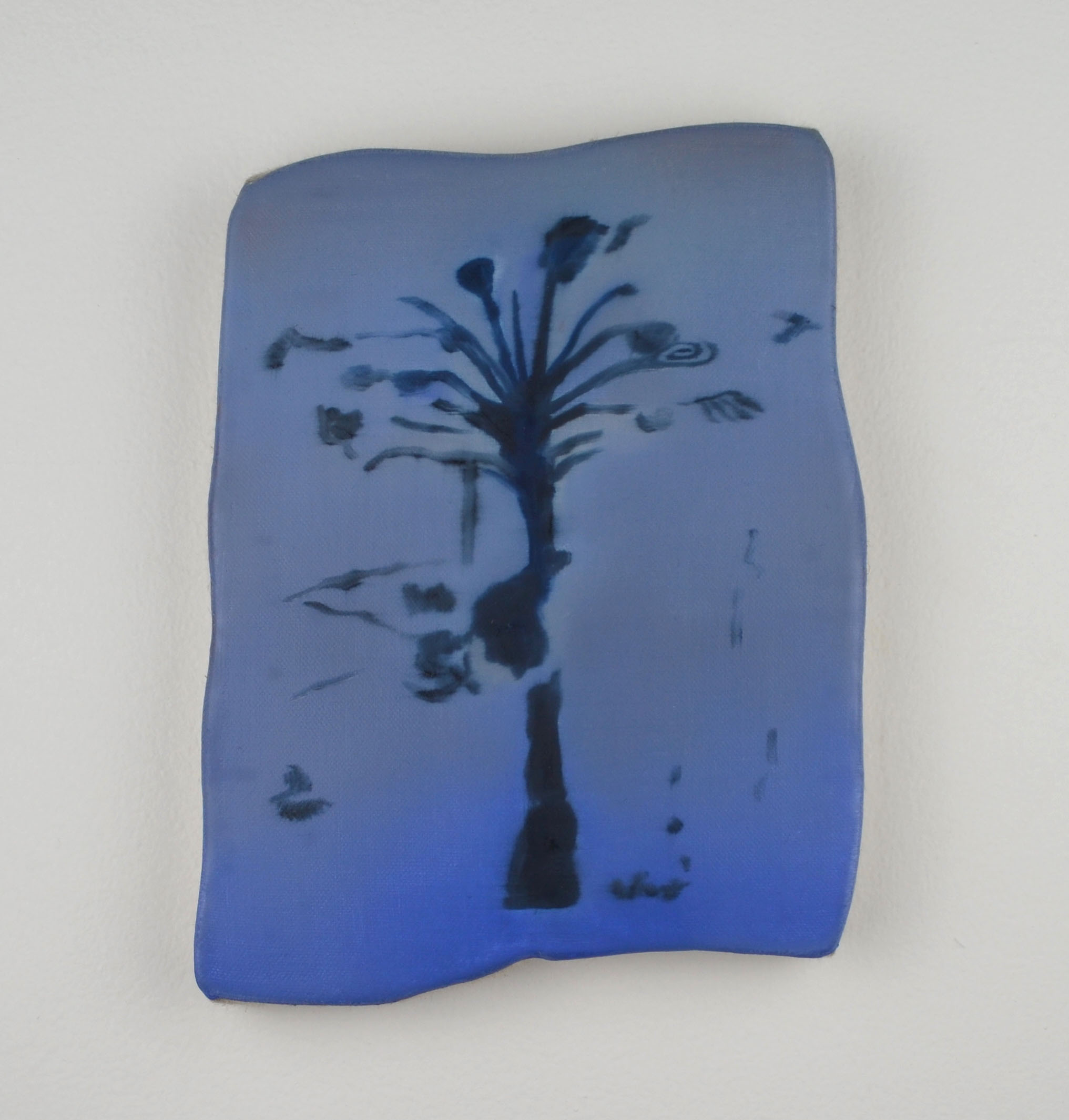 Painting of a dark blue and black, tree-like symbol composed of gestural marks at the center of a shaped canvas with a light blue gradient background. 

