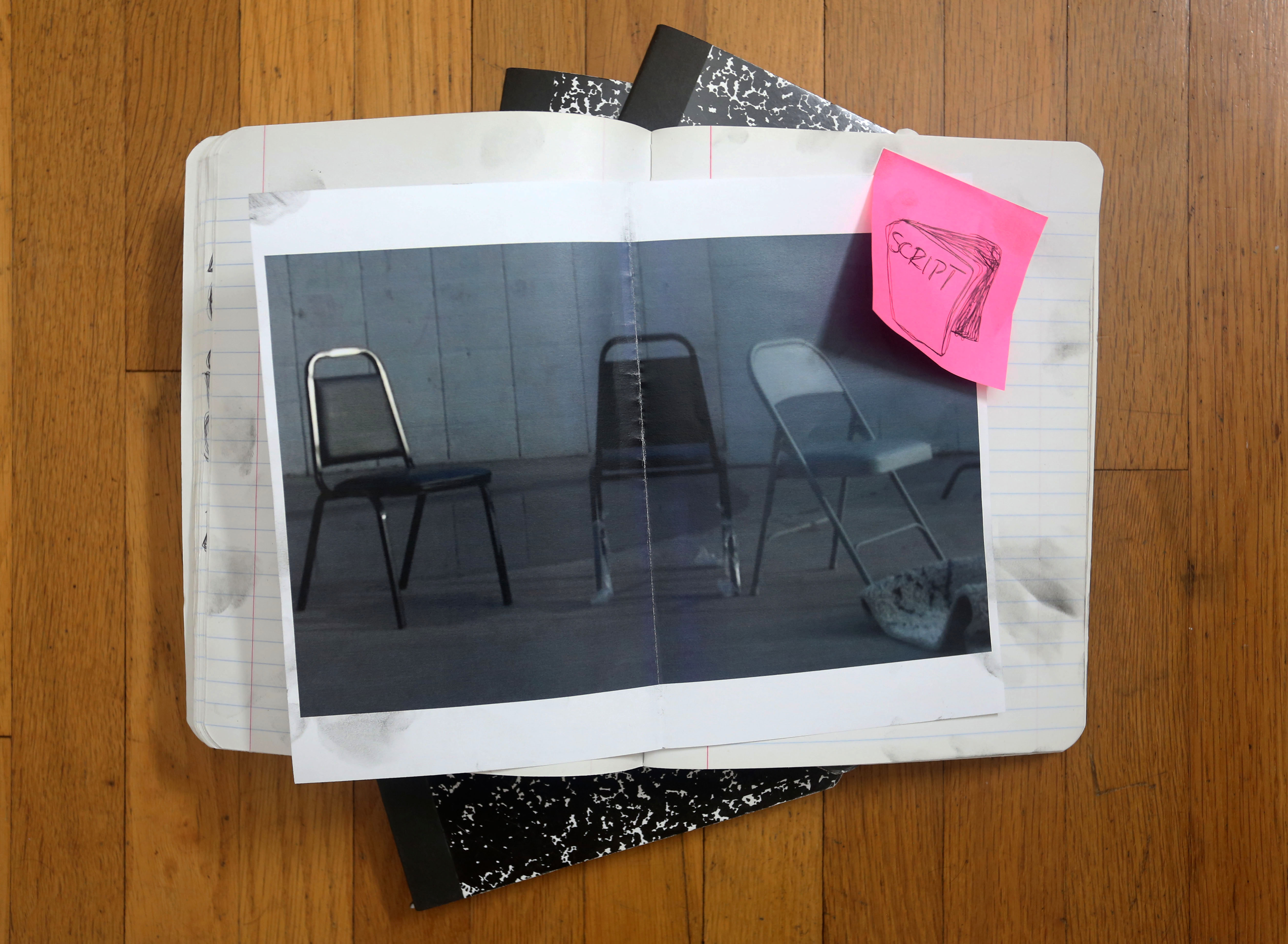 A stack of paper containing verbal renderings of movements alongside images and notes. To be performed.
