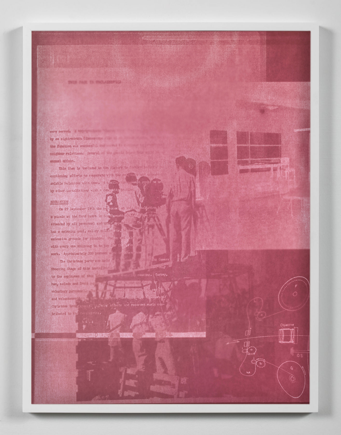 A monochromatic pink image. There are multiple images digitally collaged together. In the center stands a group of individuals standing behind movie cameras. A document with text is transparently overlaid on top of them. In the bottom right there is a diagram resembling a camera lens. In the right of the image there is a room with a window. 