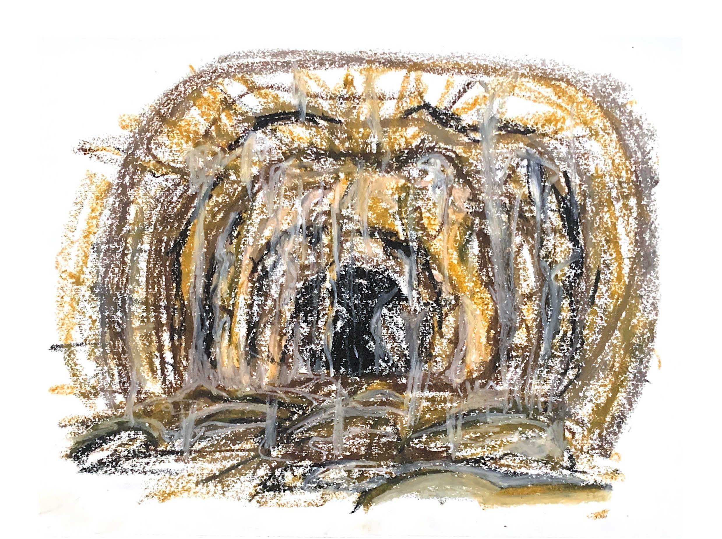 Pastel drawing of a cave/a womb/a mouth with a voice recording. 
