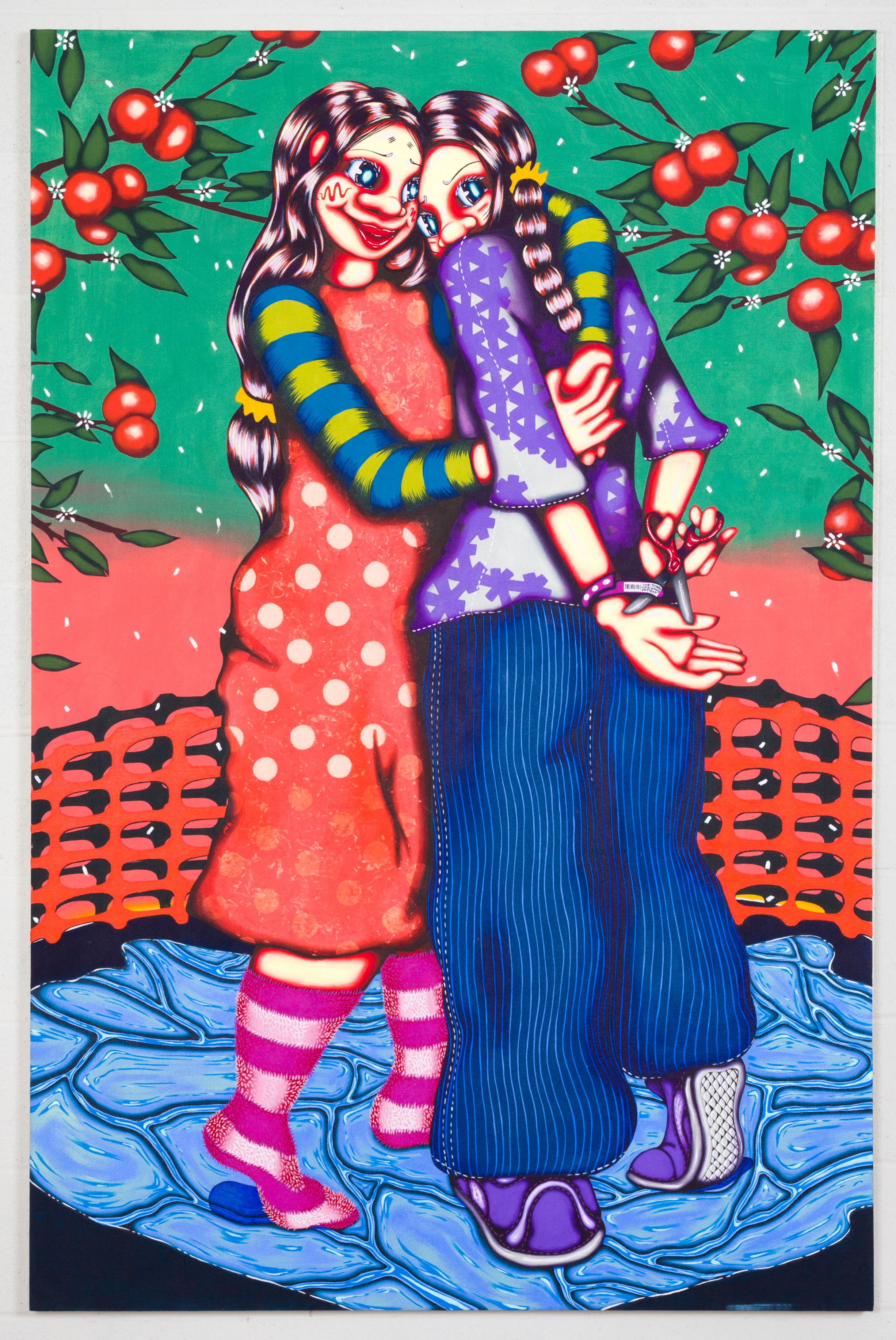 Two cartoonish female figures stand in the center of this painting. The one on the left is holding the other in her arms, one arm draped above the others shoulder and the other arm coming up from under the opposite arm, where her two hands interlace their fingers. The other figure is nestling her head into the others shoulder with her hands behind her back. The second figure's right hand is cutting a hospital band off her left wrist. The embracing figure is wearing a green and blue striped long sleeve shirt with an orange polka-dotted dress over it and pink striped fuzzy socks. The second figure is wearing a purple patterned shirt with navy blue pin-striped pants and purple sneakers. They are standing in an abstracted pool of water surrounded by a plastic orange construction fence. The atmosphere is green and salmon-pink/orange, there are branches from orange trees coming out from the right and left frame, surrounding the two figures. There are white flowers blooming sparsely throughout the tree branches, their petals also floating throughout the space. 