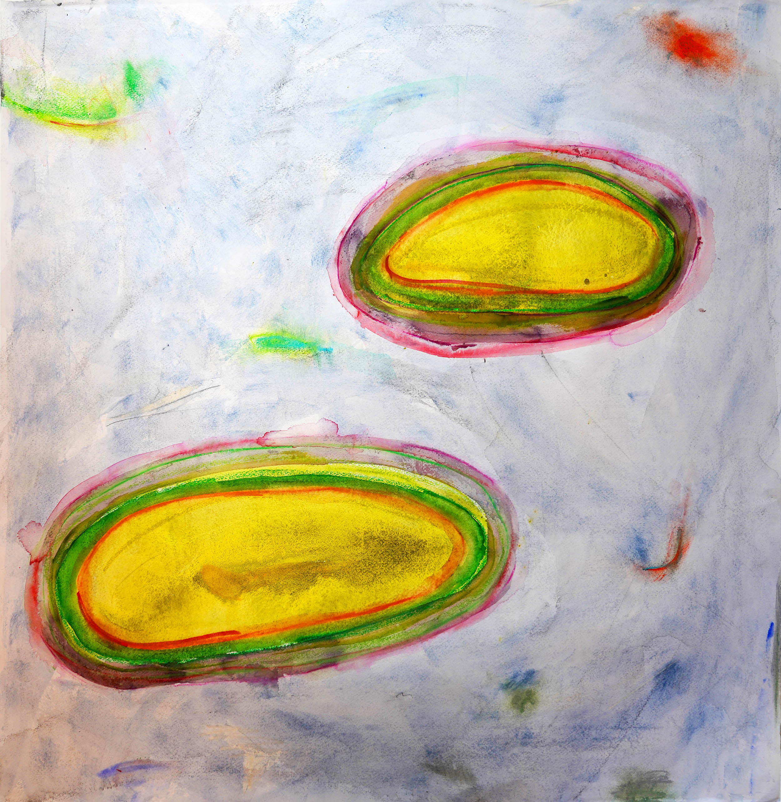 faint sky blue background made with thinned out paint and quick brush strokes.
Two large chartreuse ovals outlined by red, dark green, and red wine float in space. One is
on the top middle right, and the other is on the bottom middle left. Faint specks of red,
green, and blue in the background.